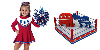 little girl in USA red white and blue cheerleader uniform with a pompom and a boxing ring with the red Republican elephant fighting the blue Deomcratic donkey